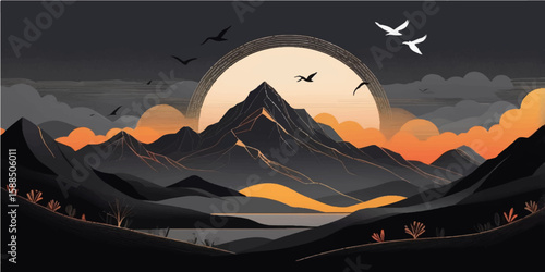 Twilight Halloween landscape with a pumpkin under a moonlit sky, casting an orange glow over dark mountains