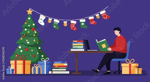 Person Reading Book at Christmas Desk Illustration.