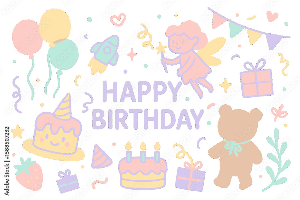 Fototapeta premium A delightful and colorful illustration celebrating a birthday, featuring balloons, a cake, gifts, a fairy with a wand, and other festive elements on a white background.