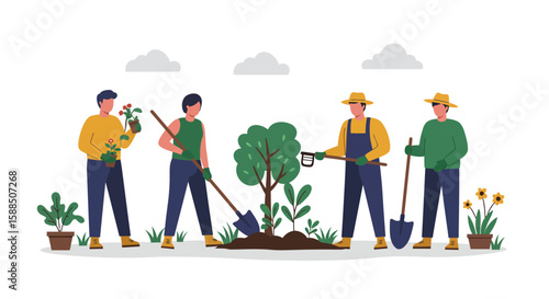Group of People Planting a Tree Together.
