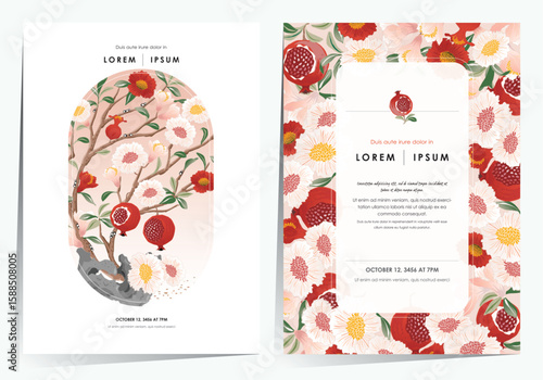  Vector Illustration template set of a Flowering and Fruiting Pomegranate Tree in Traditional Korean Minhwa Style. 