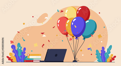 Celebration with Balloons Laptop and Books.
