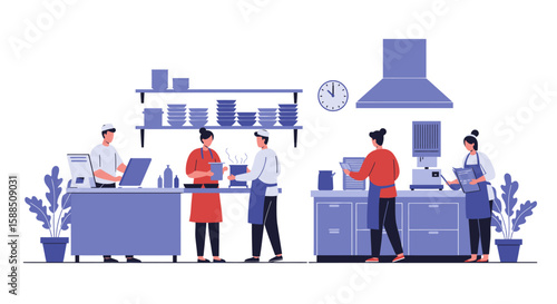 Restaurant Kitchen Staff Working Together in Illustration.