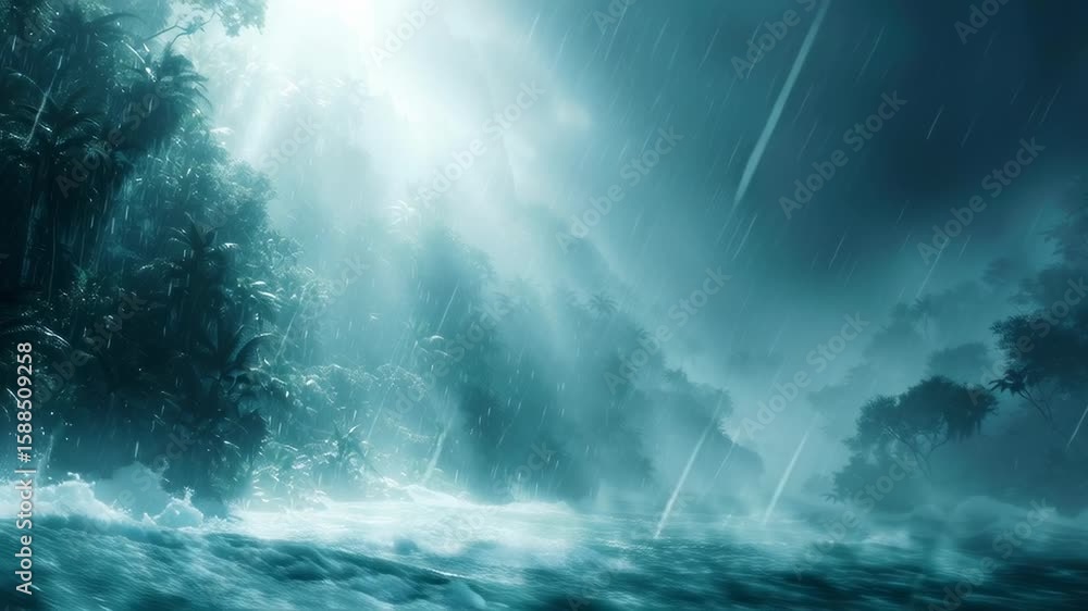 Rain and water flooding a tropical forest