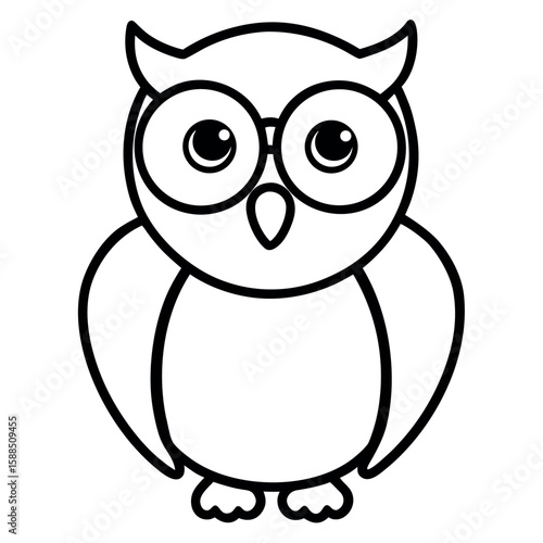 Baby owl wearing tiny round glasses cutely perched Line Art Vector illustration