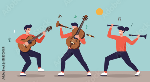Musicians Playing Instruments in Illustration.