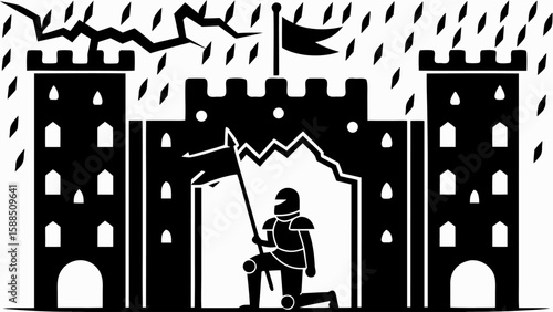 Black and white illustration of a knight kneeling before a castle in the rain with flags flying silhouette