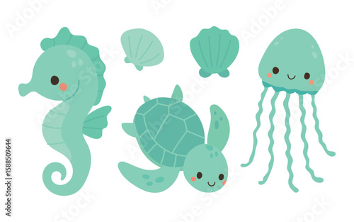 Cute cartoon seahorse, jellyfish, turtle, and ocean shells in playful pastel tones, perfect for underwater animal nursery illustrations and marine-themed designs.
