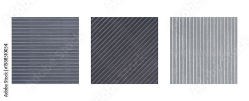 Eco fabric striped texture set in grey tones. Abstract corrugated cardboard grainy surface with sand like lines, dirt speckle, soft watercolor look, organic edge detail. Vector wall stone brick