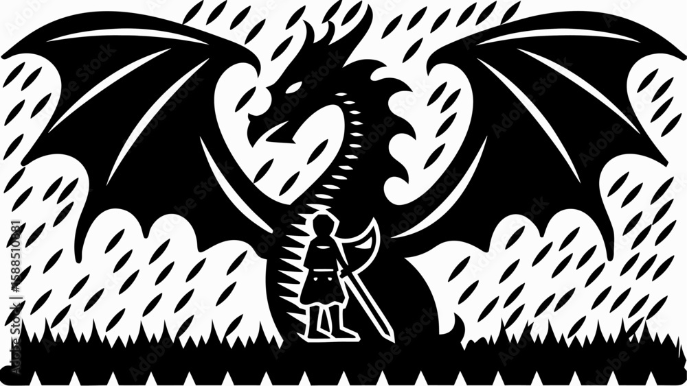 custom made wallpaper toronto digitalSilhouette of a dragon with large wings towering over a small figure holding an axe in a patterned field
