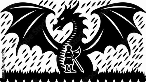 Wallpaper Mural Silhouette of a dragon with large wings towering over a small figure holding an axe in a patterned field Torontodigital.ca