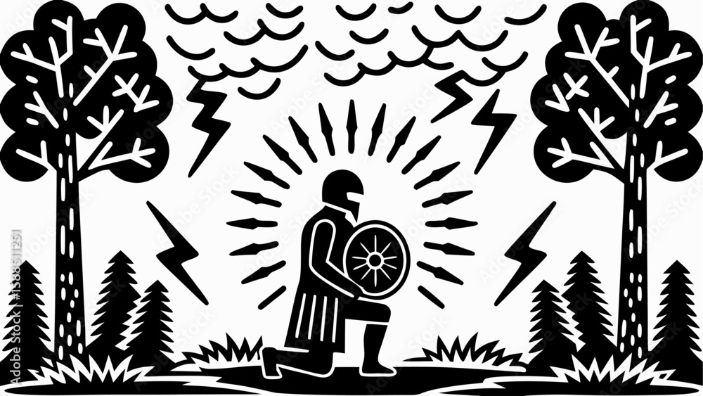 Naklejka premium Warrior kneeling with shield under lightning and clouds between trees and firs in black and white style silhouette