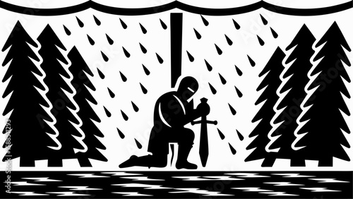 Knight kneeling with sword in rain between trees in black and white illustration artistic design silhouette
