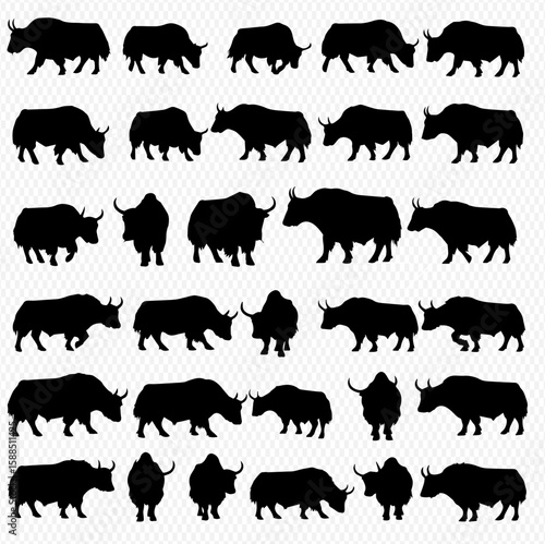A collection of black silhouette illustrations depicting various poses and stances of yaks against a transparent background.