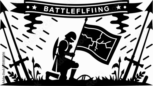 Silhouette of kneeling knight holding flag with banner and swords in black and white style design art