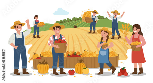 Farmers Harvesting Crops in Autumn.