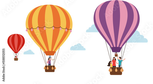 Colorful Hot Air Balloons with Passengers in Flight.