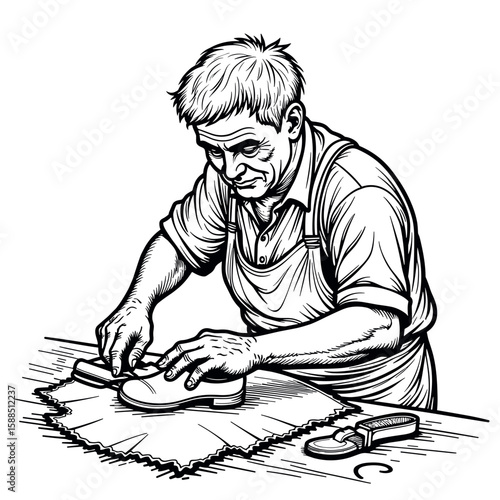 Elderly shoemaker crafting leather footwear – Skilled artisan handmade shoes, craftsmanship