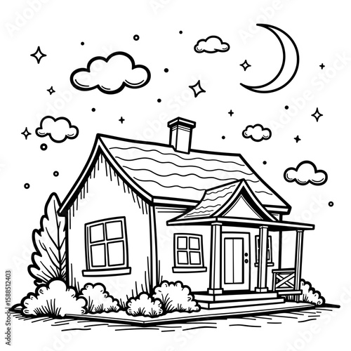 Line art house illustration – cozy home design with moon and stars