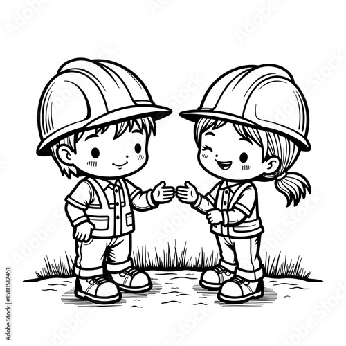Construction team children celebrating teamwork – Kids collaboration, playtime