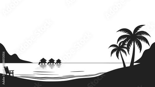 Tropical beach scene with palm trees and overwater bungalows ocean