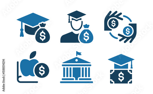 School Fee Icon Set Featuring Scholarship, Tuition Payment, and Student Loan Icons Perfect for Financial Education, Academic Funding Resources, Infographics, and Educational Budget Planning

