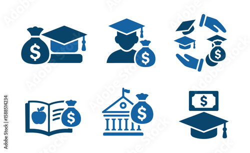 School Fee Icon Set Featuring Scholarship, Tuition Payment, and Student Loan Icons Perfect for Financial Education, Academic Funding Resources, Infographics, and Educational Budget Planning

