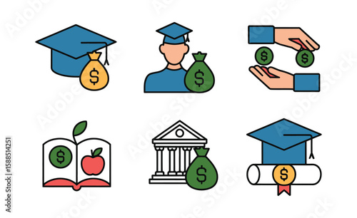 Financial Education Vector Icons Including School Fees, Student Loans, and Scholarship Concepts Ideal for Budgeting Graphics, Education Finance Materials, and Academic Support Illustrations

