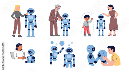 Human Interaction with Assistant Robot, Customizing AI Functionality, Vector Art Depicting People Programming and Adjusting Service Robots, Modern Robotics and Technology Personalization Concept

