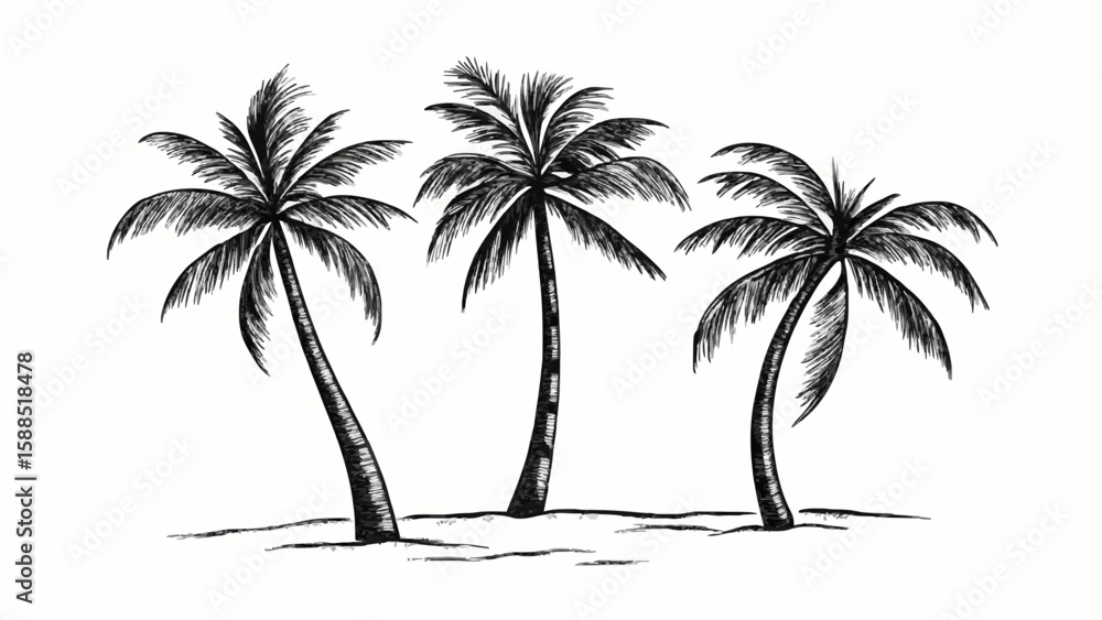 Fototapeta premium Three Palm Trees Drawing Vector Black and White Tropical Art