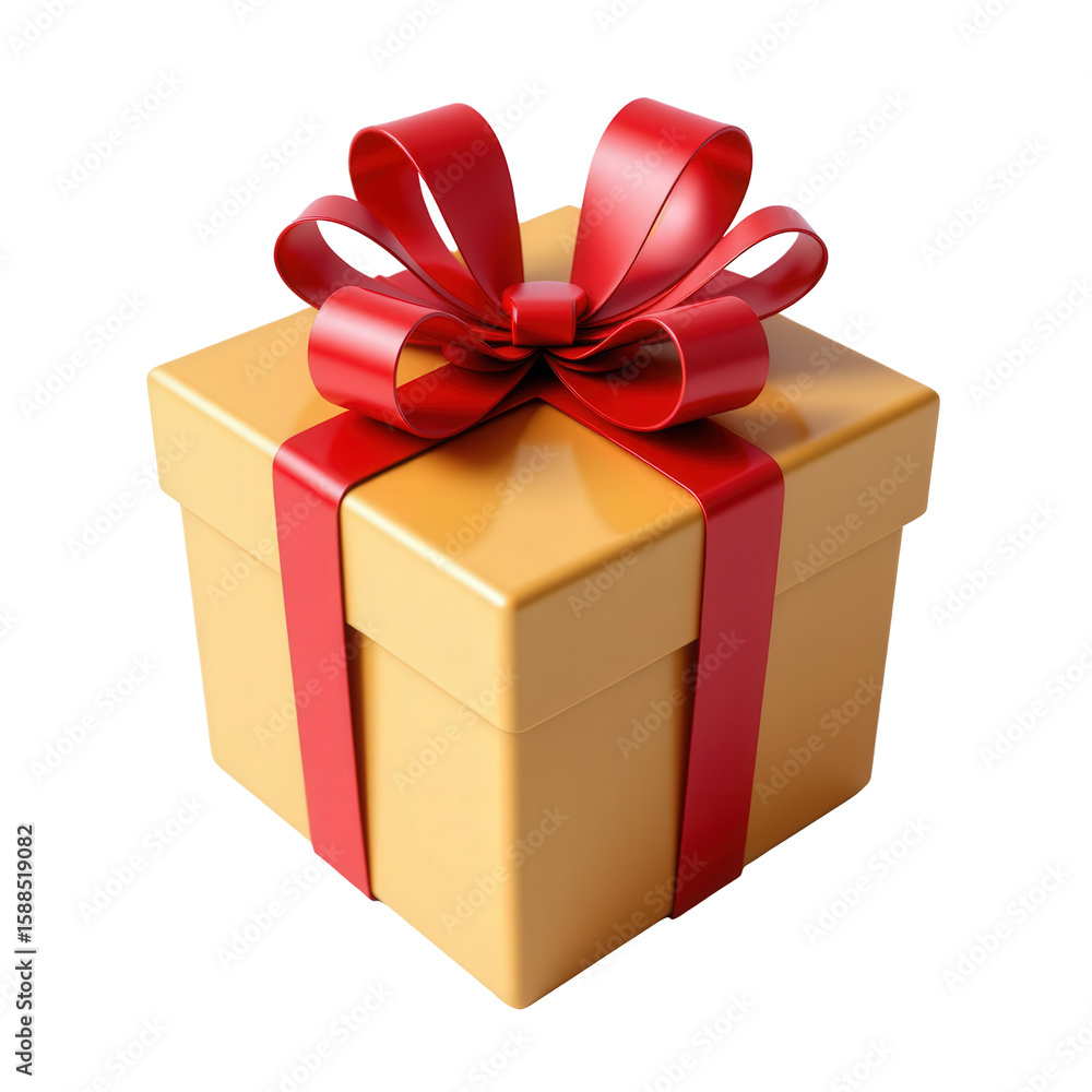 Fototapeta premium Shiny Golden Gift Box with Red Ribbon and Bow on a Transparent background