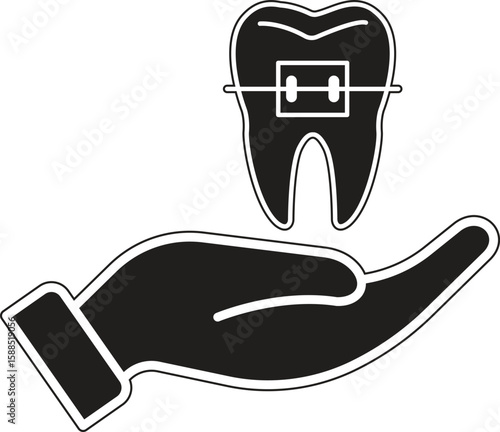 Hand holding tooth with braces icon representing orthodontist treatment service or teeth correction with transparent background