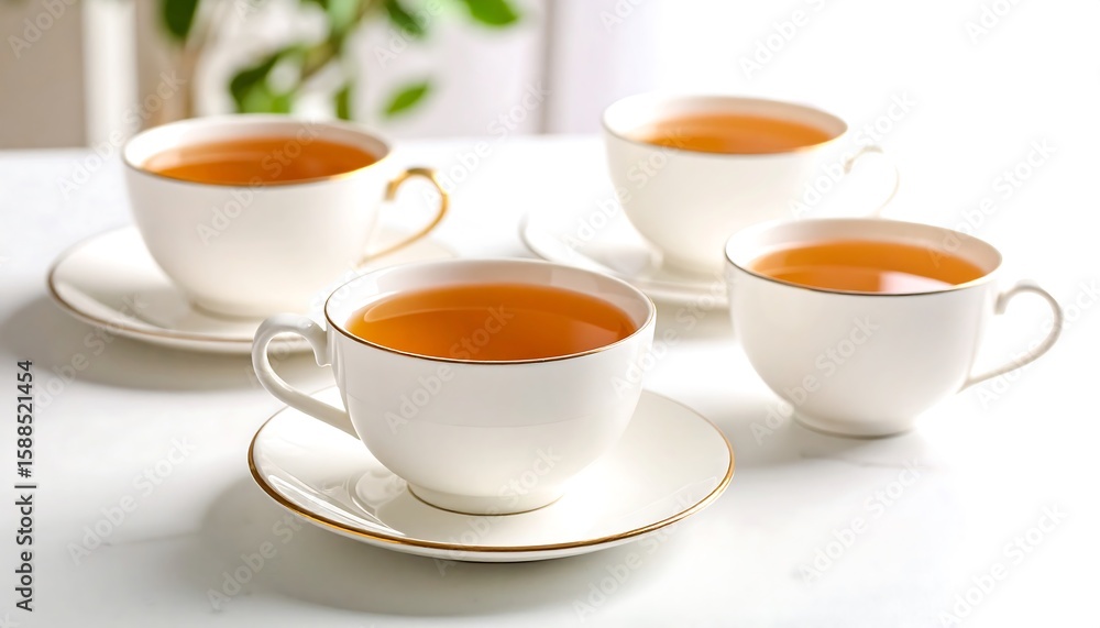 Four teacups filled with amber tea on a marble table Four teacups filled with amber tea on a marble table