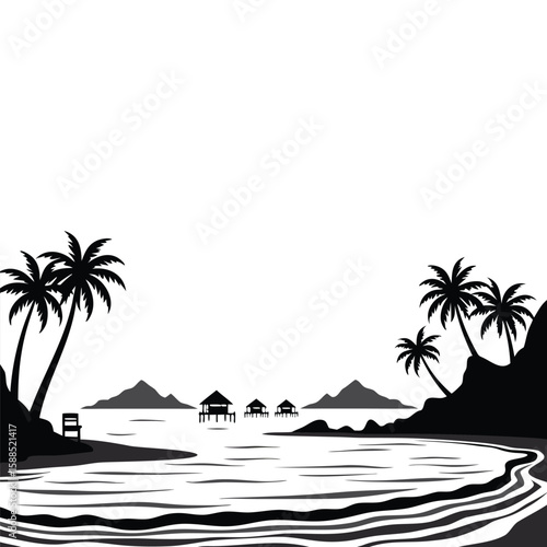 Tropical island paradise with palm trees and overwater bungalows ocean