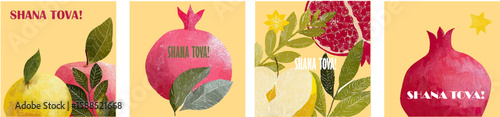 Set of pomegranate, apple, leaf, and star for Rosh Hashanah greeting. Square format holiday vector illustration with modern botanical elements.