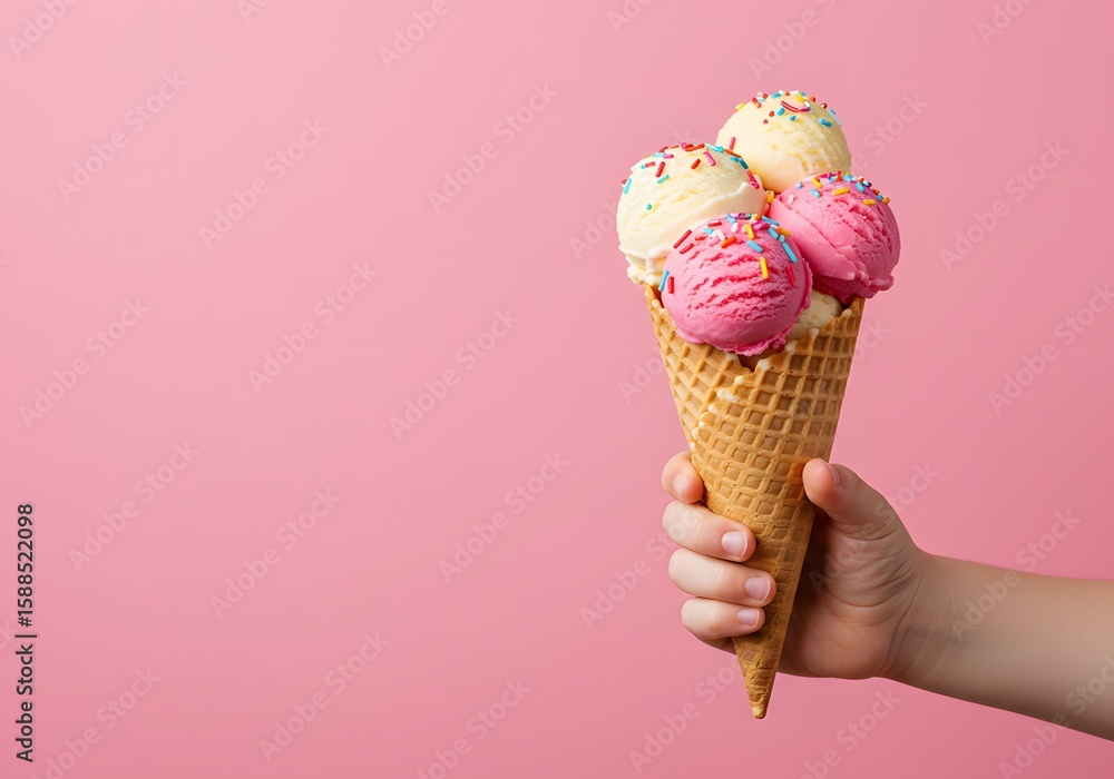 Delicious Ice Cream Cone with Colorful Scoops and Sprinkles Against a Vibrant Pink Background Delicious Ice Cream Cone with Colorful Scoops and Sprinkles Against a Vibrant Pink Background