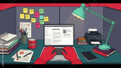 Stylized illustration of a busy office cubicle with hands typing on a laptop, ideal for corporate brochures, business websites, and productivity-focus