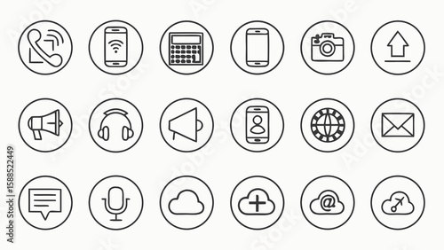 Collection of clean line art icons, ideal for use in website design, mobile applications, or as simple graphics for digital communication.