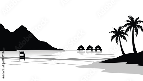 Tropical island scene with overwater bungalows and palm trees beach ocean