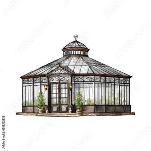 Watercolor illustration of greenhouse with potted plants on transparent background png vector