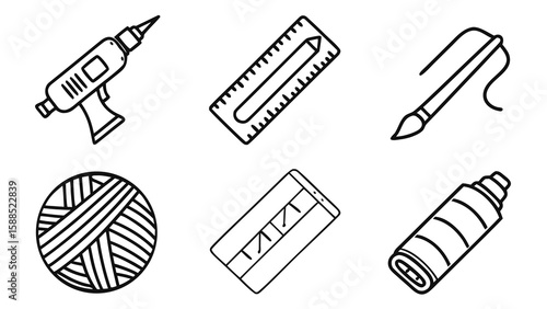 Crafting tools graphic featuring glue gun, ruler, paintbrush, yarn, tablet and spray can in a simple, line art style.