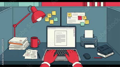 Cartoon office cubicle desk with hands typing laptop, red lamp, printer, papers, sticky notes. For business websites, corporate flyers, educational co