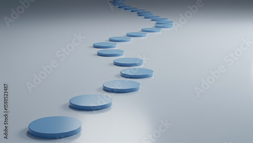 Abstract blue circular steps path on reflective surface, symbolizing progress, strategy, and future. Great for business website, brochure, and present