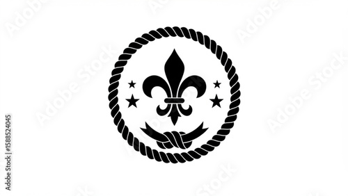 Monochrome vector emblem featuring a fleur-de-lis, rope, and knot, symbolizing scouting & adventure. Ideal for youth organization branding, education,