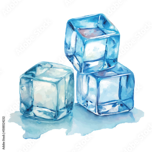 Watercolor illustration of three ice cubes stacked on transparent background png vector