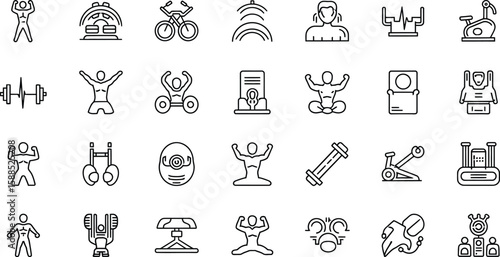 A collection of outline icons depicting various fitness and exercise activities and equipment symbols shown