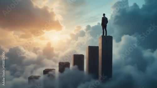 The climb to success: A businessman's journey up graph bars to reach the top