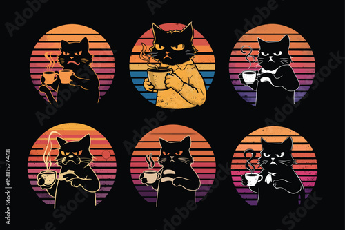 Grumpy cats with coffee cups steam