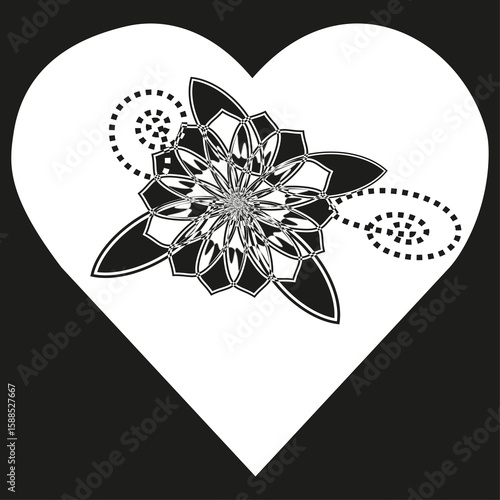 Lotus heart icon. Peace love emblem. Black petal design. Vector illustration.