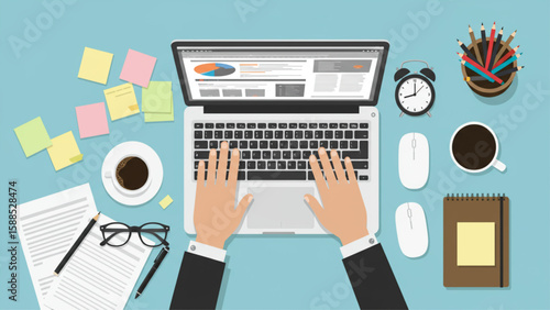 Flat design overhead of hands typing on laptop at office desk with coffee and supplies, perfect for remote work, digital productivity, and online lear